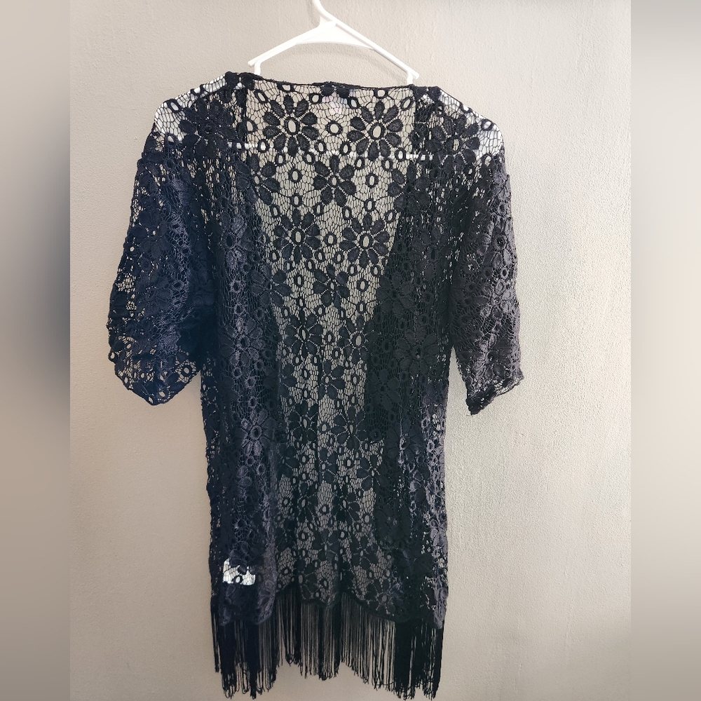 Witchy Goth Black Lace Kimono Fringe Whimsigoth Stevie Nicks Flapper Lularoe - Picture 3 of 6
